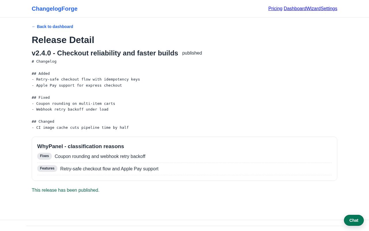 Release detail page of a published changelog with Features and Fixes classification